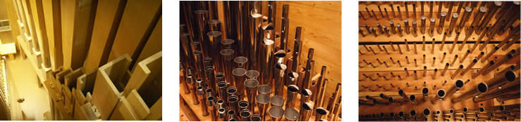 Inside of the organ case with various sized pipes